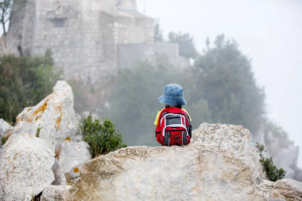 Cute Preschool Boy Backpack Walking Mountain Cloudy Day Taking Pictures — Stock Photo, Image