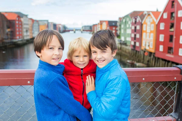 Boldog Gyerekek Testvérek Látogatás Trondheim Norvégia Nyár Folyamán Élvezi Várost — Stock Fotó