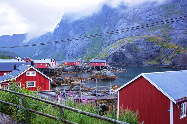 Tipiche Capanne Pesca Rourbuer Nel Villaggio Lofoten Nusfjord Una Giornata — Foto Stock