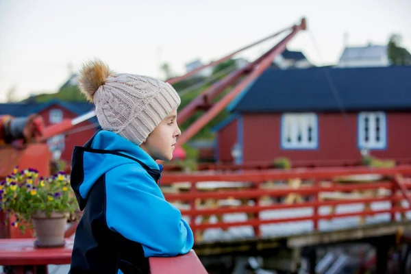 Söta Lilla Barn Njuter Utsikten Lilla Slutet Lofoty Byn Med — Stockfoto