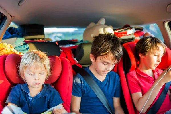 Crianças Irmãos Meninos Viajando Para Férias Com Carro Sentado Cadeirinhas — Fotografia de Stock