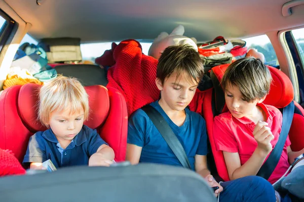 男の子の兄弟 車で休暇に旅行し 車の座席に座って本を読んだり モバイルで遊んでいます — ストック写真