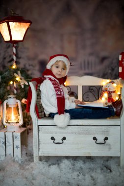 Güzel bir çocuk, sarışın bir çocuk, kitap okuyor, bir bankta oturuyor, etrafında Noel süslemeleri var.