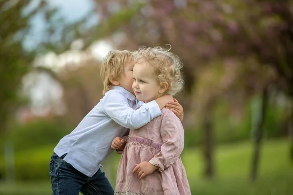 Crianças Bonitas Menino Menina Brincando Juntos Jardim Flor Cerejeira Menino — Fotografia de Stock