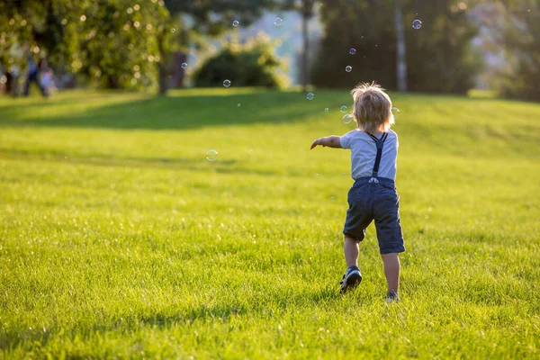 Carino Bambino Età Prescolare Giocando Nel Parco Tramonto — Foto Stock