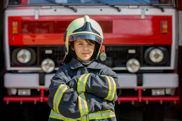 Child Cute Boy Dressed Fire Fighers Cloths Fire Station Fire — Stock Photo, Image