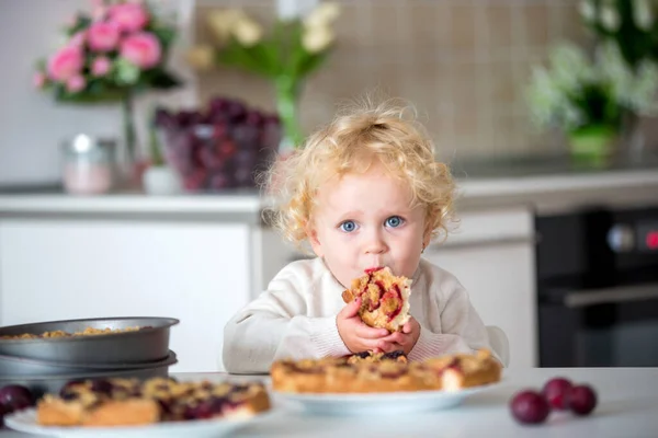 Cute Little Toddler Child Eating Homemade Plum Pie Home Tasty — Stock Photo, Image