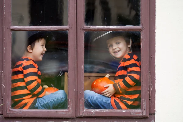 Dwa cute chłopców, siedząc na okno z jack-o latarnia — Zdjęcie stockowe