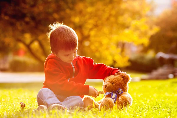 Menino adorável com ursinho de pelúcia no parque — Fotografia de Stock