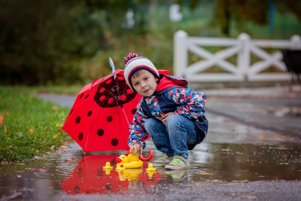 Netter Junge mit Hut, der im Park mit Gummienten spielt — Stockfoto
