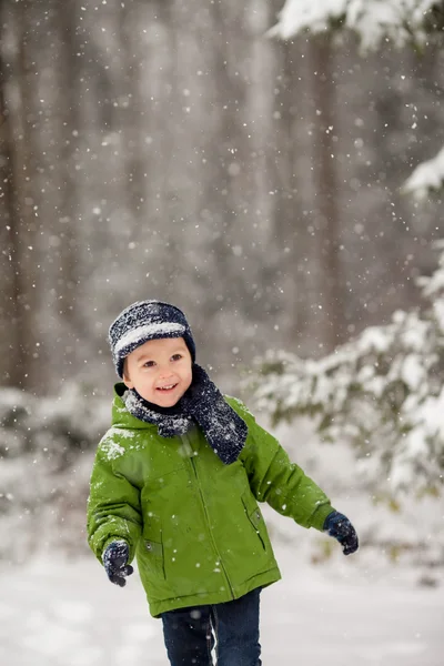 Очаровательный мальчик, выдувающий снежинки на улицу в снежный день — стоковое фото