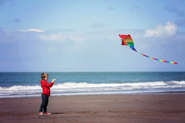 Lindo chico con cometa en la playa — Foto de Stock