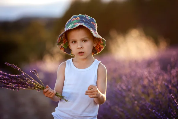 Entzückende süße Junge mit einem Hut in einem Lavendelfeld — Stockfoto