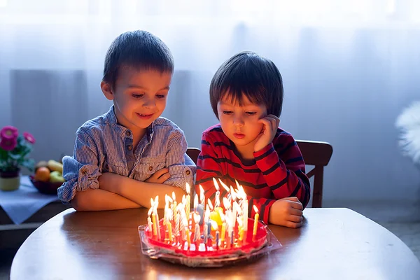 Adorable cute boys, blowing candles on a birthday cake — Stock Photo, Image