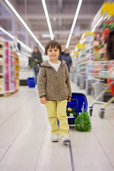 Niedlicher kleiner und stolzer Junge, der beim Einkaufen hilft, gesund — Stockfoto