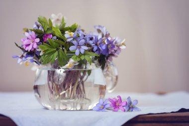 Glass vase with fresh spring forest flowers clipart