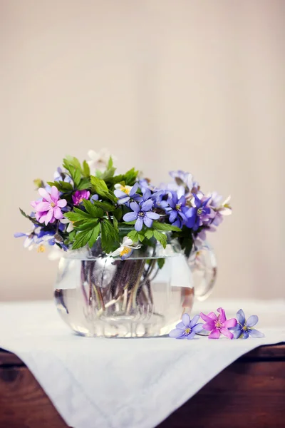 Szklany wazon z świeże wiosenne kwiaty las — Zdjęcie stockowe