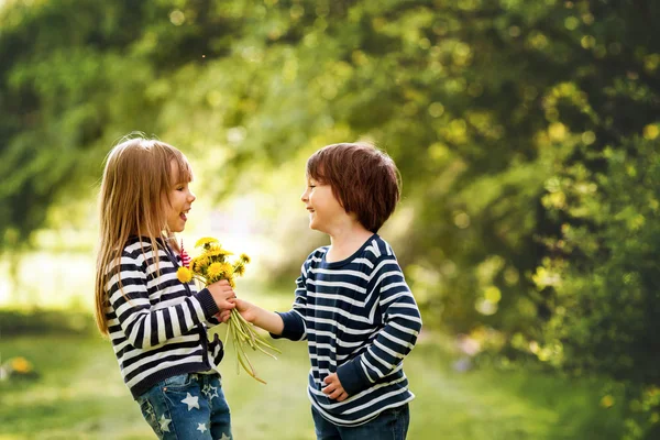 Schöner Junge und Mädchen in einem Park, Junge schenkt dem Mädchen Blumen — Stockfoto