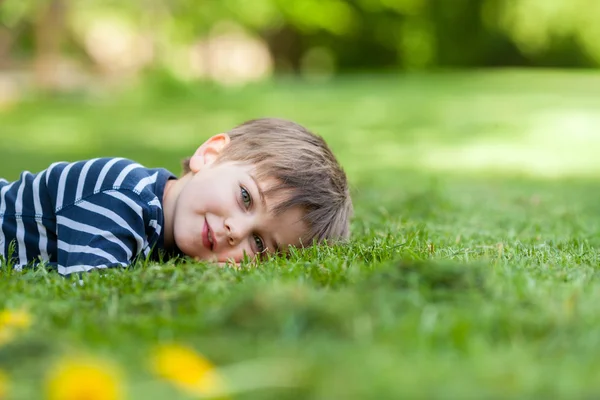 Smiling little boy, lying in the grass, smiling at the camera — Zdjęcie stockowe