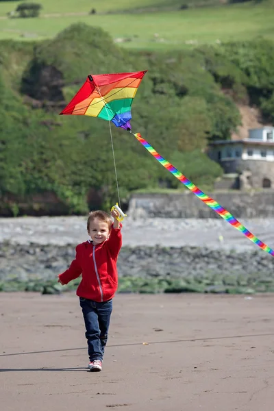 Cute boy with kite on the beach — Stock Photo, Image