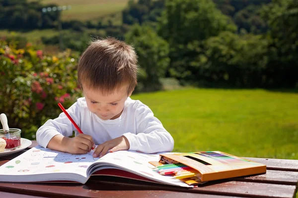 Adorable garçon, dessin d'une peinture dans un livre, extérieur — Photo