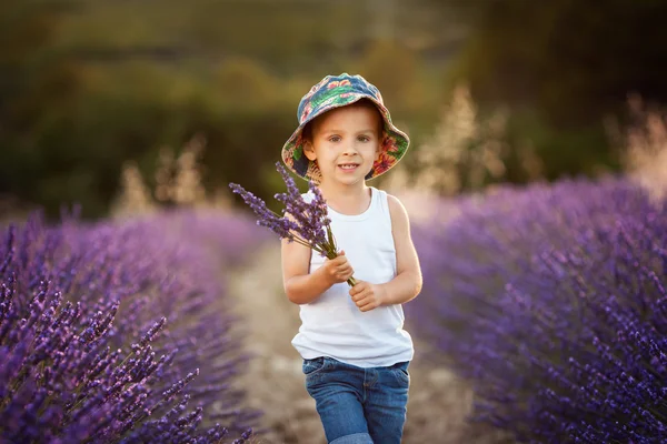 Bedårande söt pojke med en hatt i ett lavendel fält — Stockfoto