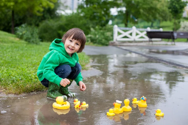 Niño, saltando en charcos fangosos en el parque, patos de goma i —  Fotos de Stock
