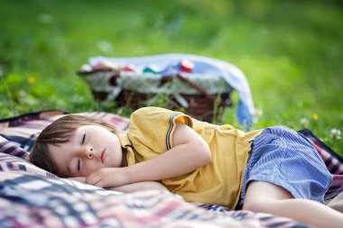 Piknik battaniyeye, açık havada bir miktar üzerinde uyuyan sevimli küçük çocuk