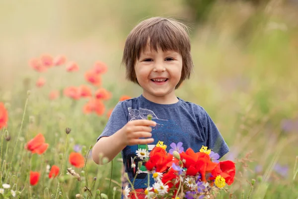 Mignon garçon enfant avec des fleurs de pavot et d'autres fleurs sauvages en pavot — Photo