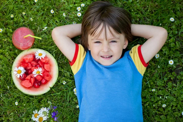 Porträt eines süßen kleinen Jungen, auf dem Gras liegend, frisches Obst ein — Stockfoto