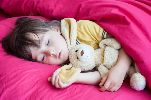 Lieve jongen, slapen in de namiddag met zijn teddybeer — Stockfoto