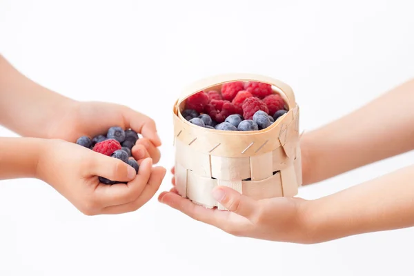 Crianças mãos, segurando framboesas e mirtilos, cesta com — Fotografia de Stock