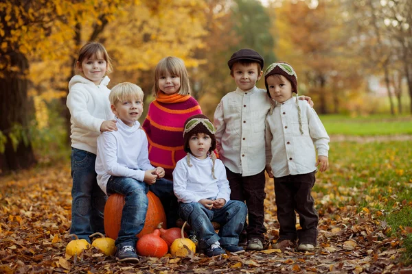 Autumn portrait of group of happy kids, outdoor — Stok fotoğraf