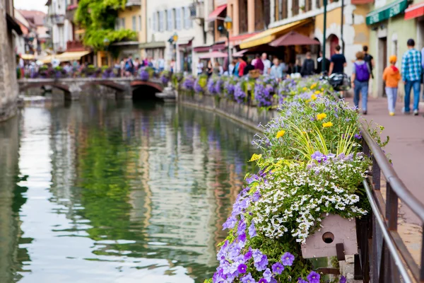 Mooie bloempotten langs de grachten in Annecy, Frankrijk, bekend — Stockfoto