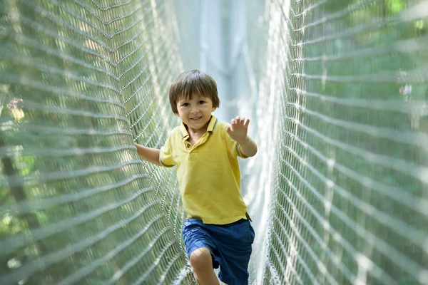 Criança bonito, menino, andando em uma estrutura de playground corda , — Fotografia de Stock