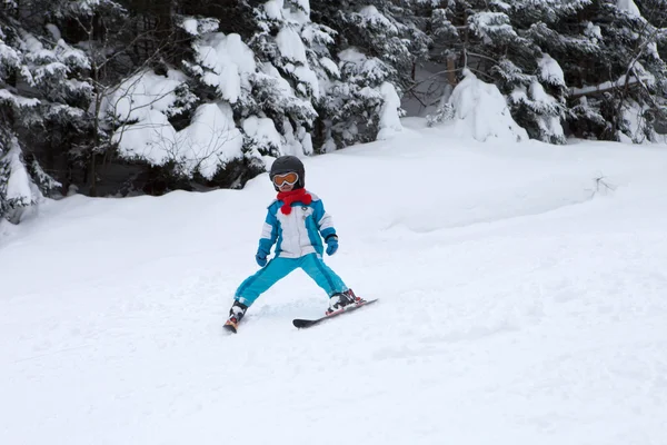 Чарівний маленький хлопчик з блакитною курткою і шоломом, катання на лижах — стокове фото