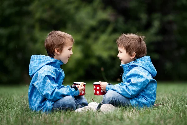 Två vackra pojkar, bröder, sitter på en gräsmatta, höstens tid, dr — Stockfoto