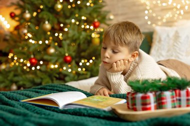 Sevimli anaokulu çocuğu, şöminenin önünde oturuyor, Noel hediyesini tutuyor ve evde kitap, eğlence ve mutluluk okuyor.