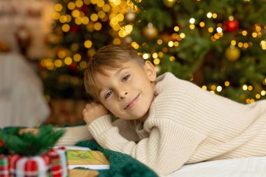 Sevimli anaokulu çocuğu, şöminenin önünde oturuyor, Noel hediyesini tutuyor ve evde kitap, eğlence ve mutluluk okuyor.