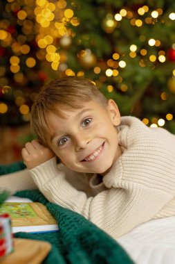 Sevimli anaokulu çocuğu, şöminenin önünde oturuyor, Noel hediyesini tutuyor ve evde kitap, eğlence ve mutluluk okuyor.