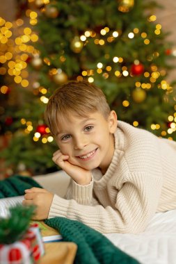 Sevimli anaokulu çocuğu, şöminenin önünde oturuyor, Noel hediyesini tutuyor ve evde kitap, eğlence ve mutluluk okuyor.