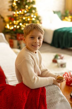 Sevimli anaokulu çocuğu, şöminenin önünde oturuyor, Noel hediyesini tutuyor ve evde kitap, eğlence ve mutluluk okuyor.