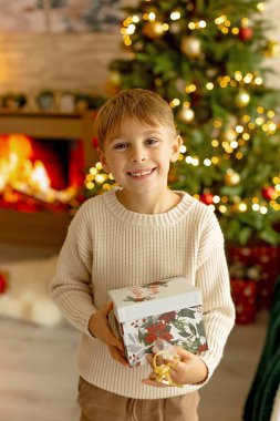Sevimli anaokulu çocuğu, şöminenin önünde oturuyor, Noel hediyesini tutuyor ve evde kitap, eğlence ve mutluluk okuyor.