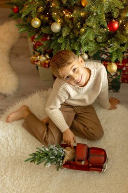 Sevimli anaokulu çocuğu, şöminenin önünde oturuyor, Noel hediyesini tutuyor ve evde kitap, eğlence ve mutluluk okuyor.