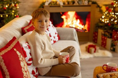Sevimli anaokulu çocuğu, şöminenin önünde oturuyor, Noel hediyesini tutuyor ve evde kitap, eğlence ve mutluluk okuyor.
