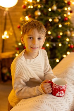 Sevimli anaokulu çocuğu, şöminenin önünde oturuyor, Noel hediyesini tutuyor ve evde kitap, eğlence ve mutluluk okuyor.