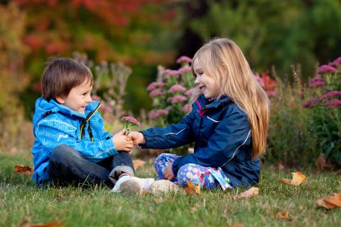 Güzel erkek ve kız bir parkta, kıza çiçek veren çocuk