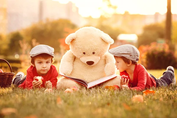 Två söta små pojkar med vännen nallebjörn i parken — Stockfoto