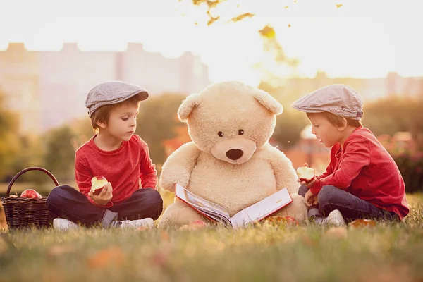 İki sevimli küçük çocuklar parkta oyuncak ayı arkadaşı ile — Stok fotoğraf