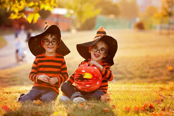 Två pojkar i parken med Halloween kostymer — Stockfoto